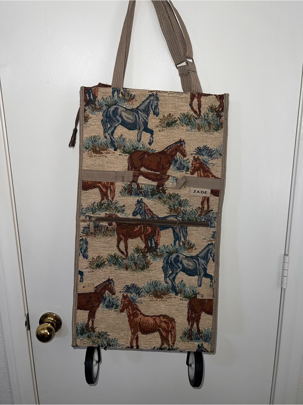 Jade Equestrian Tapestry Tote in Beige, Brown & Blue